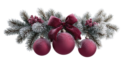 A spruce swag with frosted needle tips, three matte cranberry ornaments, and a velvet ribbon bow, isolated on transparent background.
