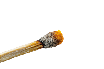 A wooden match captured mid-ignite with bright amber flame and textured sulfur head, isolated on transparent background.
