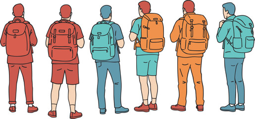 Back view people standing in row, colorful backpacks, casual clothing, group identity, fashion design, symmetry, modern style, apparel illustration, diversity