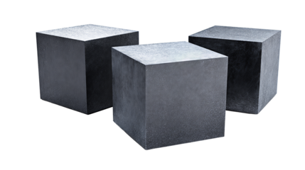 Three graphite cubes with beveled edges and soft matte texture, arranged in staggered depth with one corner facing forward, isolated on transparent background.
