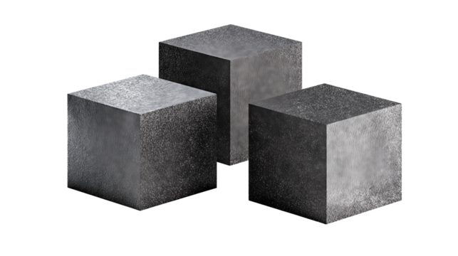 Three graphite cubes with beveled edges and soft matte texture, arranged in staggered depth with one corner facing forward, isolated on transparent background.
