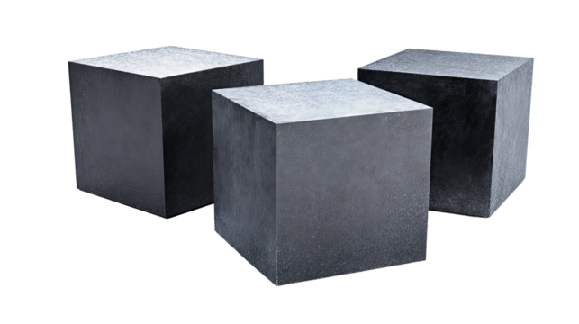 Three graphite cubes with beveled edges and soft matte texture, arranged in staggered depth with one corner facing forward, isolated on transparent background.
