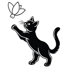 A black cat is playing with a butterfly