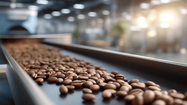 A coffee roasting facility shows a conveyor belt transporting aromatic beans, symbolizing cafe culture, global trade, artisanal flavors scaled by industry, and the journey of coffee from farm