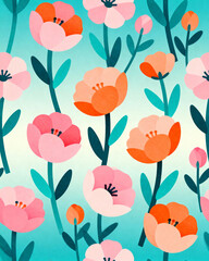 A whimsical floral pattern featuring pink and orange flowers with teal stems on a gradient background