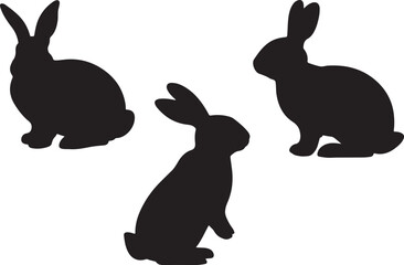 Three Black Rabbit Silhouettes on a White Background Illustration