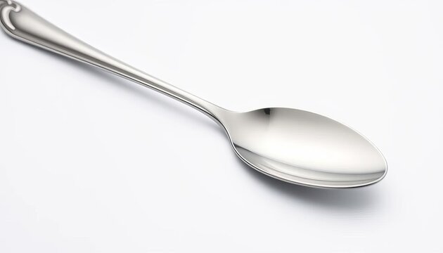 Close-up of a metallic spoon on a white background,  image,  eating tool