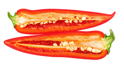 Two halves of a red chili pepper, sliced lengthwise, displaying seeds
