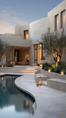 Ultra luxurious modern villa backyard with travertine stone flooring and sculptural concrete seating, featuring serene reflecting pool with ornamental grasses desert succulents and textured limestone 