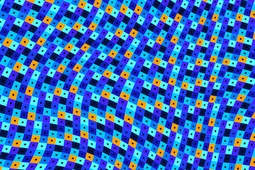 Abstract geometric pattern with blue and orange squares and dots