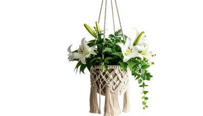 A macrame planter holding white lilies hangs