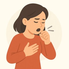 Woman coughing into hand with chest pain and closed eyes sick illness illustration