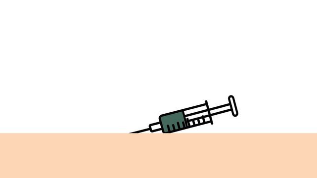 Vaccine syringe 2D animation giving subcutaneous injection at 10 degrees on white background, medical and health concept