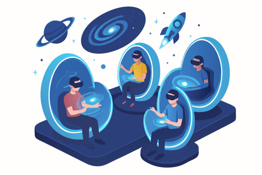 Futuristic VR Experience People Exploring Space in Immersive Pods