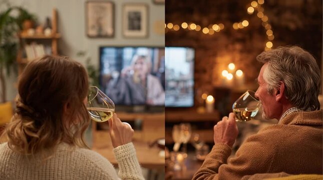 Conceptual split-screen image showing a young couple in a city apartment toasting with wine over video call to their parents in a cozy, traditional home &mdash; modern connection, timeless love.
