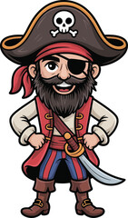 Obraz premium Cartoon Pirate Mascot Vector Illustration with Skull Hat and Red Sash