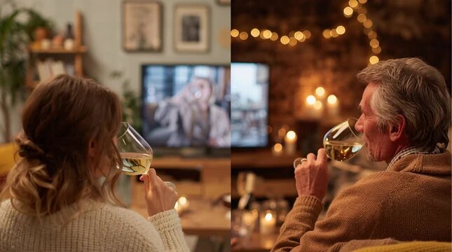 Conceptual split-screen image showing a young couple in a city apartment toasting with wine over video call to their parents in a cozy, traditional home &mdash; modern connection, timeless love.
