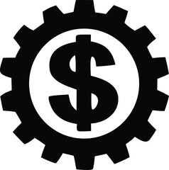 Iconic black dollar sign within a gear symbol representing financial industry and business mechanics