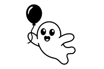 Naklejka premium Cute Ghost Flying with Balloon Cartoon Vector – Black and White Line Art Generative AI