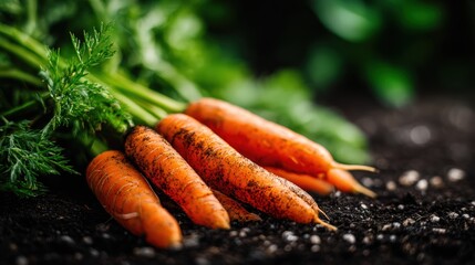 Freshly harvested carrots with green foliage on dark soil background