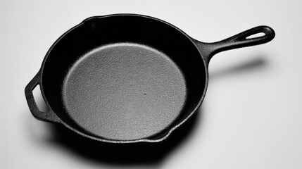 Cast iron skillet isolated on gray background with smooth surface and handle