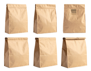 Six kraft paper lunch bags in various folded positions