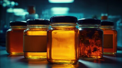 Collection of transparent glass jars filled with amber liquid displayed in a lab environment