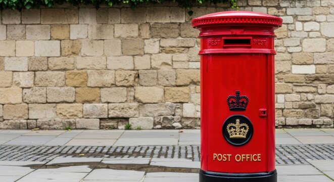 Bright red British mailbox on blurred cobblestone street, aged architecture background, warm daylight, nostalgic urban scene