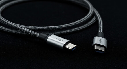 Braided USB-C Cable for High Speed Data Transfer and Fast Charging Durable Nylon Tech Accessory for Smartphone and Laptop Connection Modern Digital Device Peripheral on Dark Background Electronic Conn