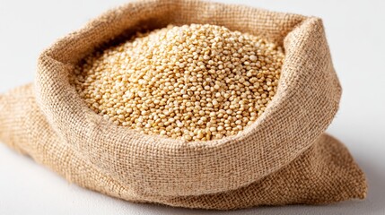 Close up of quinoa seeds in a natural fabric bag highlighting nutritional value