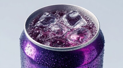 Close up of chilled purple soda can with ice and bubbles