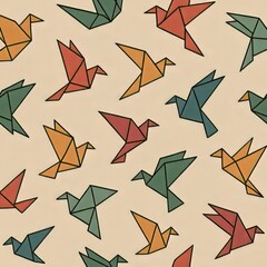 Pattern of colorful origami birds flying against a light beige background with black outlines