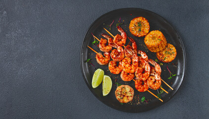tiger prawns on skewers, shrimp kebab, with corn, fried, homemade, no people,