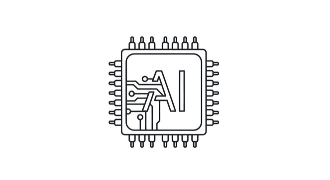 Minimalist line art icon of an AI microprocessor chip with circuit board traces.