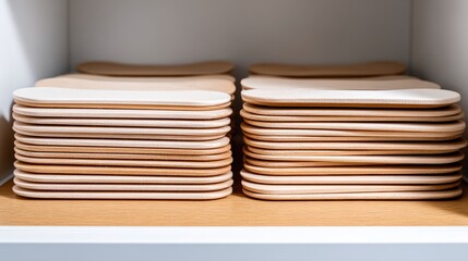 Stacked wooden plates on a white shelf with natural light