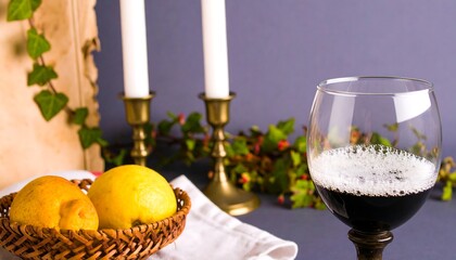 Wine Glass with Candles and Lemons in a Basket, Festive Table Setting