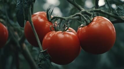 Fresh red ripe tomatoes hanging on a vine in natural garden setting