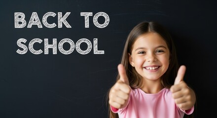 Smiling young girl with thumbs up gesture in front of chalkboard with back to school text, pink shirt, cheerful expression