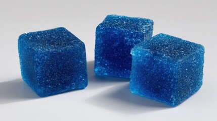 Bright blue sugar cubes with sparkling texture on light background