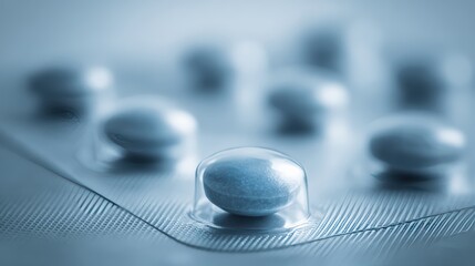 Close up of blue pharmaceutical tablets in blister packaging
