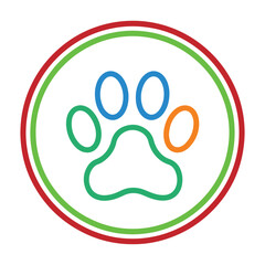 Obraz premium Colorful paw print inside double circle emblem for pet services and animal care