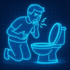 A stylized man with a glowing blue outline is kneeling and coughing into his hand facing a toilet