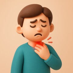 Cartoon boy with hand on throat showing red inflammation suffering from sore throat