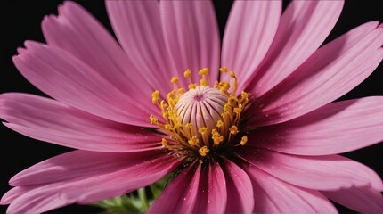 Obraz premium Close-Up Pink Flower Macro Shot With Yellow Center Stamen And Black Background And Soft Petals
