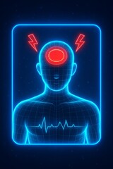 Digital 3D human body wireframe with glowing red head pain symbols and heartbeat line