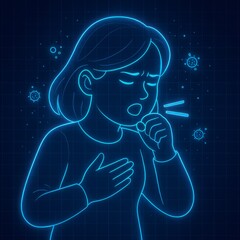 Person coughing with hands on chest surrounded by virus particles on a blue grid background