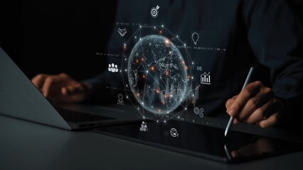 Global business network connecting digital economy and data exchange. Global business expands market, business shares data, global drives finance, and global business supports insight. Marrow