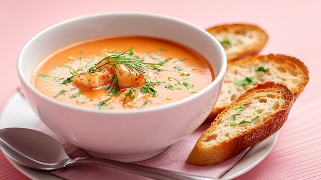 Bowl of soup with baguette slices on the side, pastel pink background - Powered by Adobe