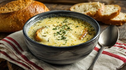 Bowl of soup with bubbling cheese, rustic farmhouse kitchen counter backdrop