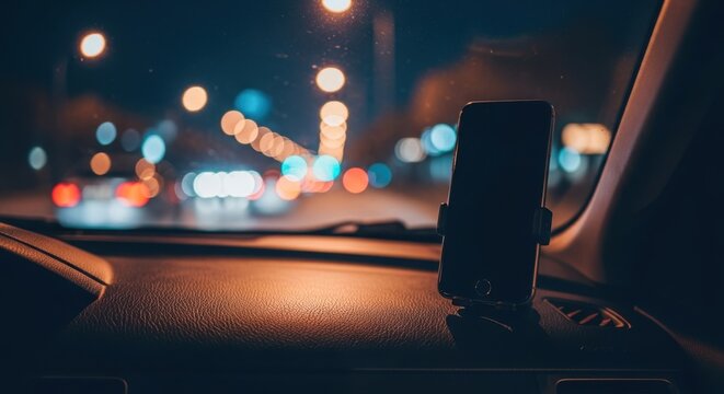 Black smartphone on car dashboard with blurred bokeh city lights background, nighttime urban driving scene, modern technology